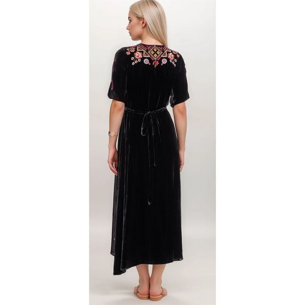 Johnny Was S Workshop Lilith Satin Floral Embroidered Wrap Dress Black Boho Chic - Picture 6 of 16